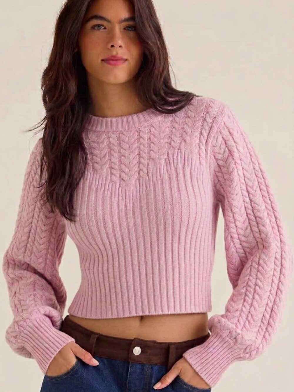 Altar'd State Cropped Cable Knit Sweater - Light Lavender